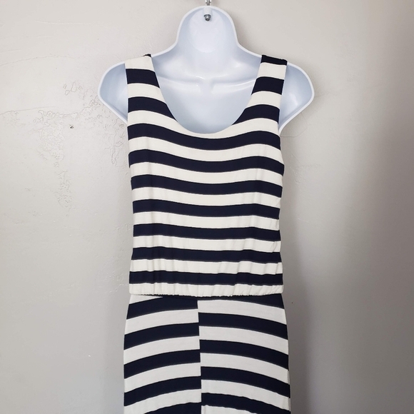 Renee C Medium Navy Blue White Striped Maxi Dress Sleeveless Tank Top Drop Waist - Picture 3 of 6